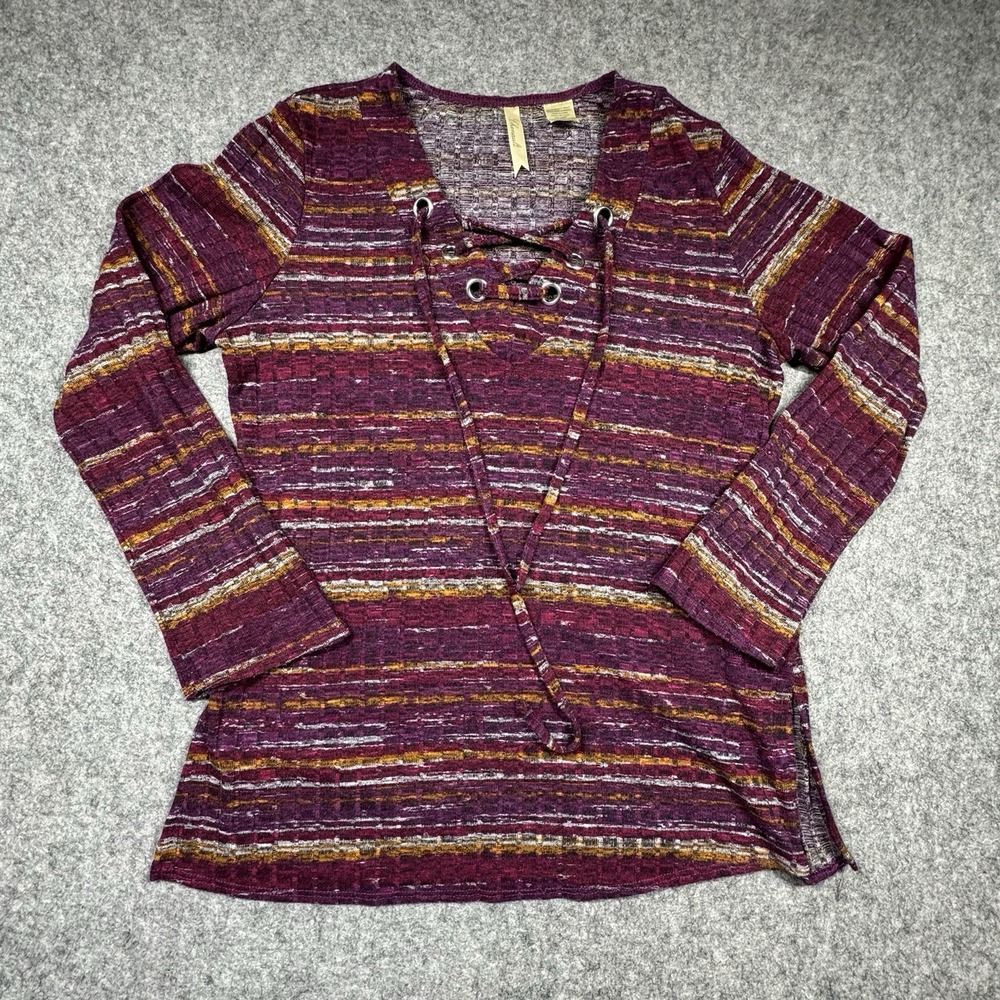 Chenault Blouse Top Purple Womens M Stretch Criss‎ Cross Lace Up Knit Striped